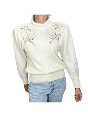 Vintage 80s ORLY cream wool Angora beaded statement shoulder mock neck sweater M